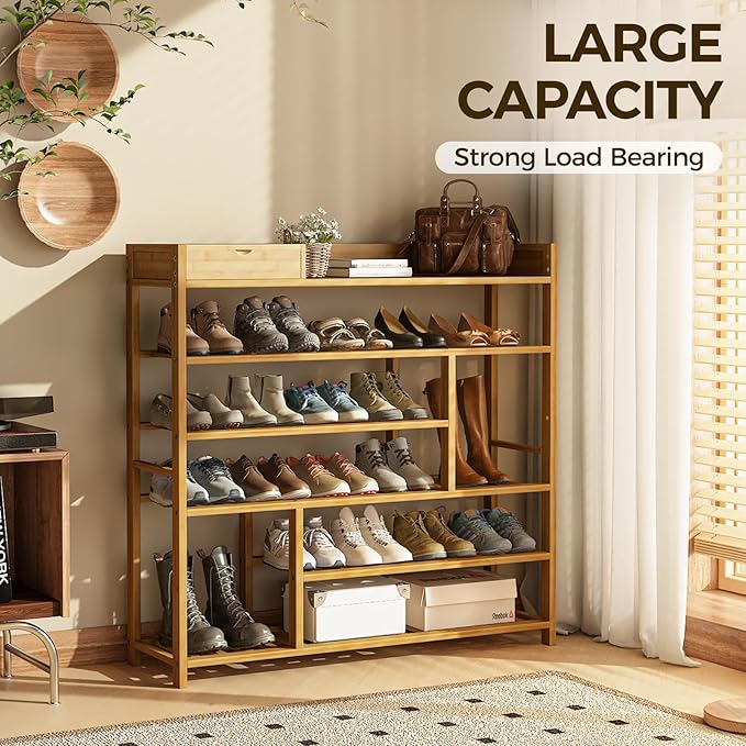 Bamworld Shoe Rack for Front Door Entrance Bamboo Shoe Organizer with Storage Box Free Standing Shoe Cabinet Shoe Storage Shelf for entryway, Closet and Doorway (Natural)