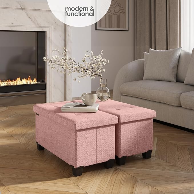 STORAGEBUD Storage Ottoman Bench with Bins, 30-in Storage Bench for Bedroom End of Bed, Folding Foot Rest Ottoman for Living Room Max 660lbs, Fabric Ottomans, Pink
