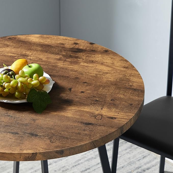 VECELO Round Dining Room Table with Wood Grain Tabletop and Steel Frame, for Kitchen, Living Room, Office, Conference, 2 to 4 Person, Antique Brown