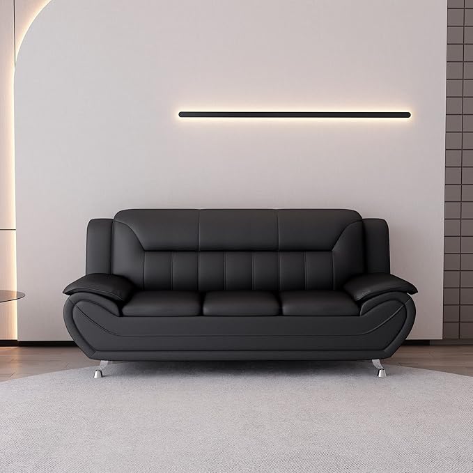 Container Furniture Direct Michael Modern Faux Leather Upholstered Stainless Steel Legs Living Room Sofa, Chair, Midnight Black