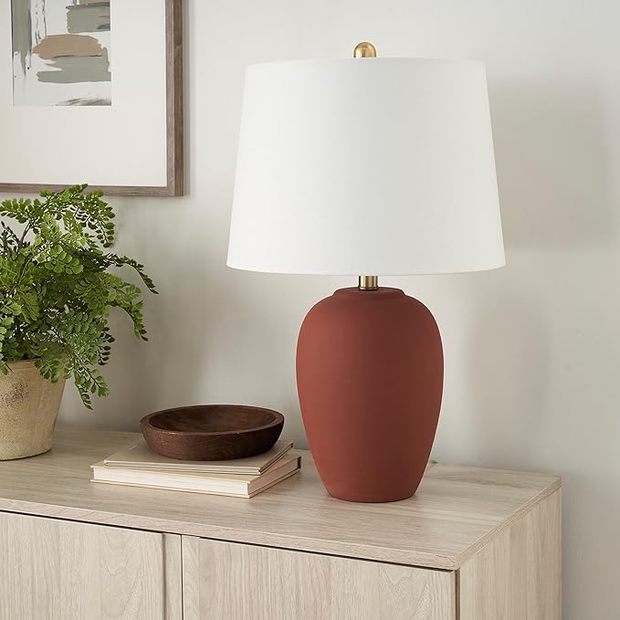 Nourison Home 23" Rust Orange Ceramic Pot Table Lamp for Bedroom, Living Room, Dining Office, with White Tapered Drum Shade