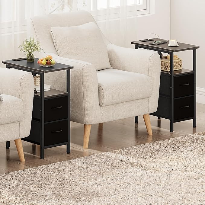 Vagusicc Set of 2 Black Nightstand with Charging Station and LED Lights, Narrow Side Table, LED Night Stand with 2 Fabric Drawers, Bedside Table Small End Table, Tall Nightstand for Bedroom, Black
