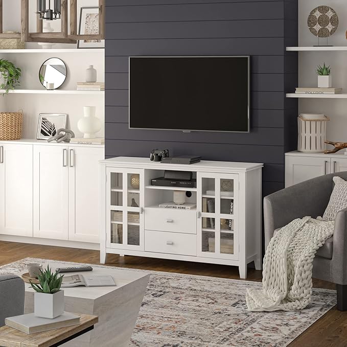 SIMPLIHOME Artisan SOLID WOOD 53 Inch Wide Contemporary TV Media Stand in White for TVs up to 60 Inches, For the Living Room and Entertainment Center