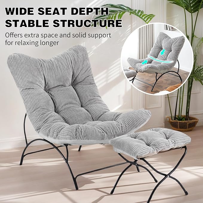 Welnow Accent Lounge Lazy Chair, Comfy Soft Leisure Metal Frame Reading Chair, Upholstered Thick Cushion Seated Recliner Sofa for Living Room, Bedroom, Dorm, Light Grey