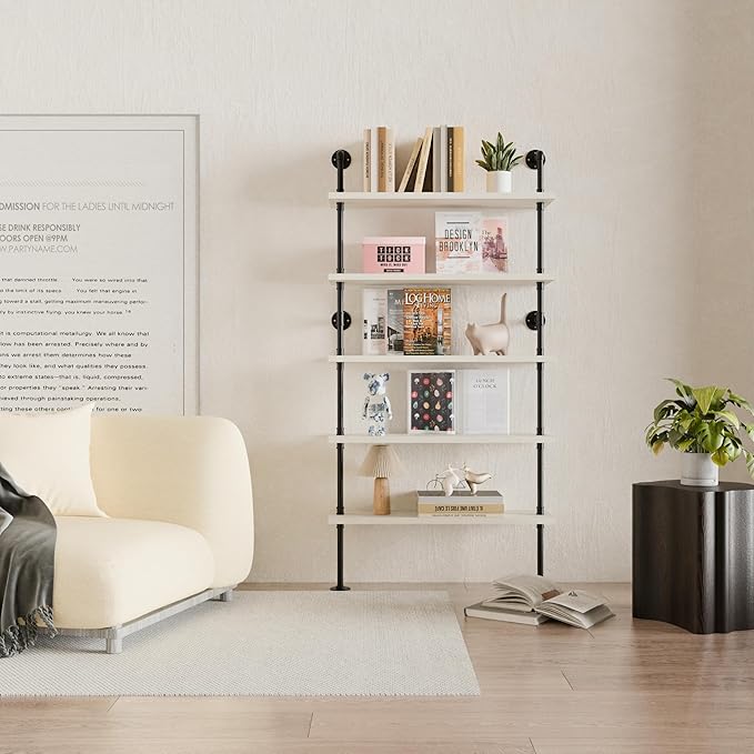 Ladder Pipe Shelves, Wall Mounted Industrial Shelves for Living Room Storage (White, 5 Tier - 10" D x 36" W x 70" H)