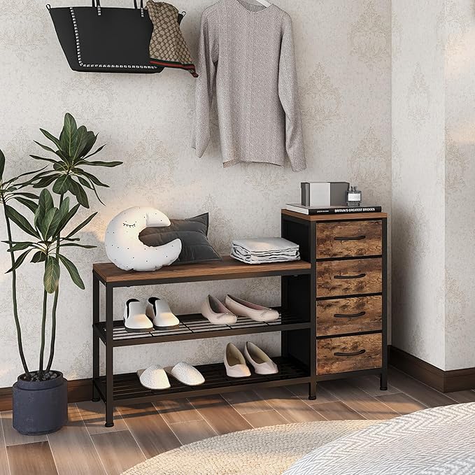 EXOTICA 3-Tier Shoe Storage Bench Industrial Entryway Shoe Rack with 4 Drawers and Seating Shoe Shelf Storage Cabinet for Hallway Front Door Doorway Living Room Mudroom Steel Frame