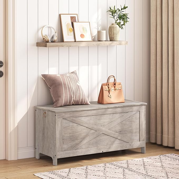 39.4" Toy Chest, Sturdy Entryway Storage Chest with Safety Hinges, Retro Toy Box, Wooden Look Accent Furniture for Living Room, Bedroom,Greige SCHG48101