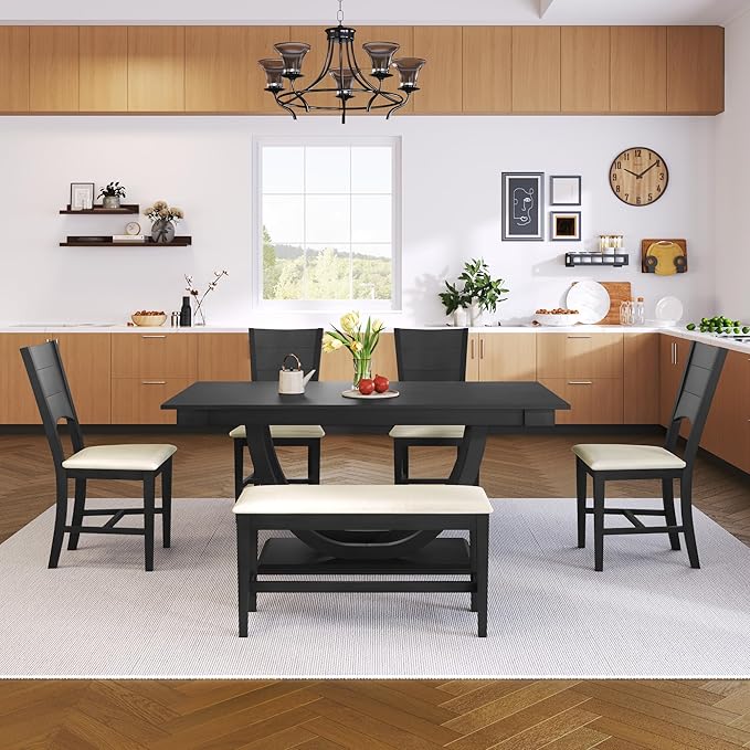 Ball & Cast Dining Table Set for 6,6-Piece Kitchen Table Set W/ 1 Bench & 4 Cushioned Chairs,59" Rectangular Desk W/Half Round Legs & Rectangle Base,for Dining Room,Kitchen,Restaurant,Gray
