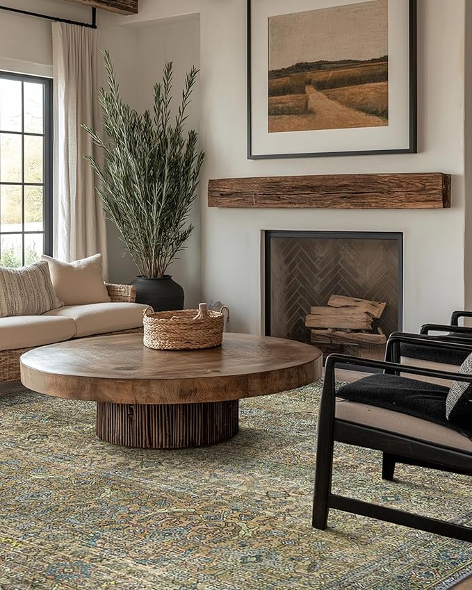 10X14 Area Rugs Machine Washable Rugs for Living Room, Vintage Boho Large Rugs for Bedroom Dining Room, Non Slip Indoor Soft Distressed Lightweight Thin Low Pile Carpet, Vintage Sunset