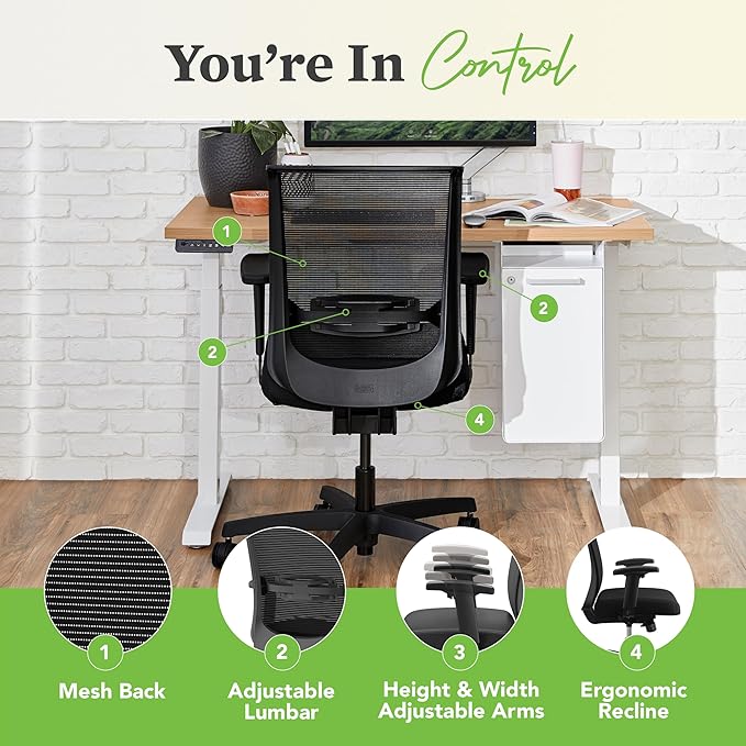HON Convergence Ergonomic Office Chair, Breathable Back Support Mesh, Adjustable Arms, Computer Chair with Lumbar Support, Rolling Swivel Wheels, Comfortable Synchro-Tilt Recline, Fabric, Black