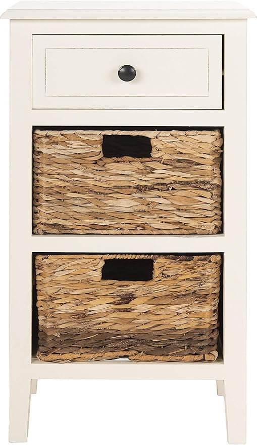 Safavieh Home Collection Everly Drawer , Vintage White 1-Drawer 2 Removable Baskets Side Table