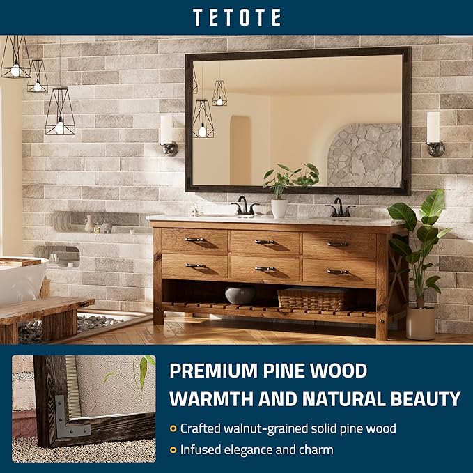 TETOTE 60 x 36 Black Wood Framed Mirror for Bathroom Wall/Bedroom/Living Room/Entryway Farmhouse Rustic Wall Mirror Waterproof (Horizontal/Vertical Mounted)