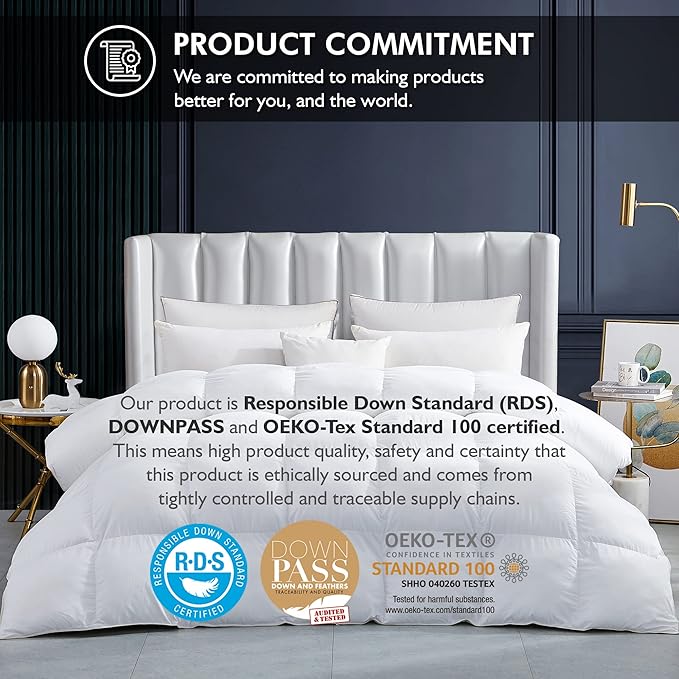 Luxurious White Solid Heavy Weight, Oversize California King Size Goose Feathers Down Comforter for Winter Weather, 108 X 98 inches, Premium Baffle Box, 100% Egyptian Cotton Cover, 90 oz. Fill Weight