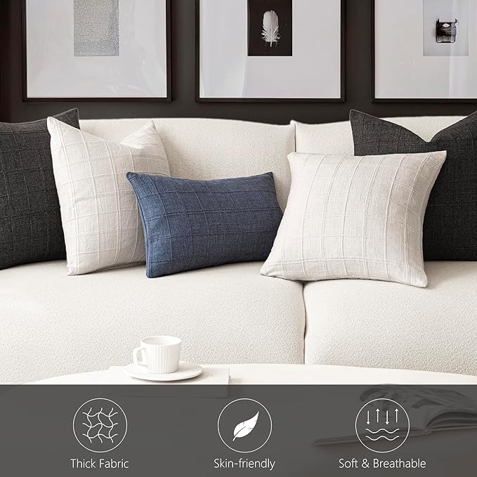 Foindtower Set of 2 Decorative Linen Check Throw Pillow Covers Neutral Farmhouse Vintage Cushion Covers Modern Boho Home Decor for Sofa Chair Couch Bedroom Living Room Outdoor,18×18 Inch,Charcoal