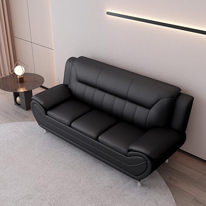 Container Furniture Direct Michael Modern Faux Leather Upholstered Stainless Steel Legs Living Room Sofa, Loveseat, Midnight