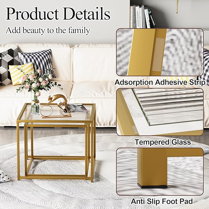 VILAWLENCE Coffee Table Set of 2, Modern Gold Glass Side Table, Metal Frame Square End Table, Center Tables, Nesting Coffee Table for Living Room, Bedroom and Small Spaces, 23.6in