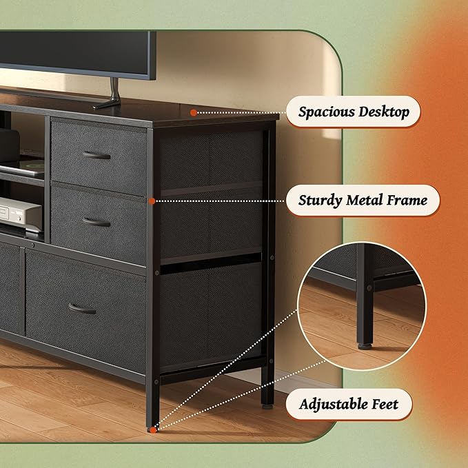 Huuger Dresser for Bedroom With Power Outlets and LED Lights, 7 Drawers TV Stand for 60 Inch TV, Console With Open Shelf, 55 Inches Wide Black, PU Leather