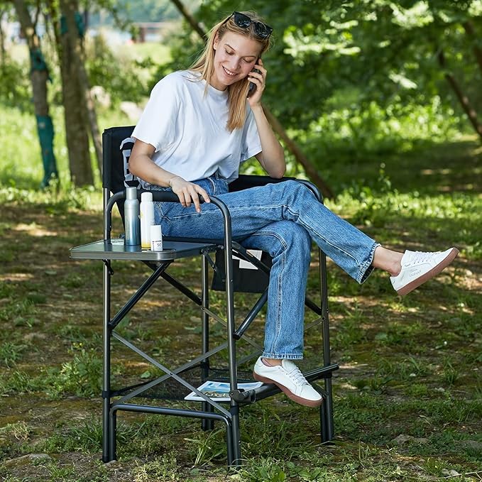 EVER ADVANCED 2 Piece 30.7" Seat Height Directors Chairs for Makeup Artist with Side Table Easy Get in Out for Elderly Tall Camping Chair Supports 350lbs Black