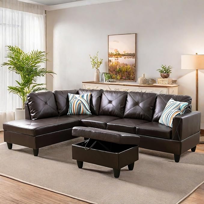 Leather Sectional Couch, Modern L Shaped Couches for Living Room, Comfy 4 Seat Modular Sectional Sofa with Ottoman Storage for Bedroom Apartment, Brown
