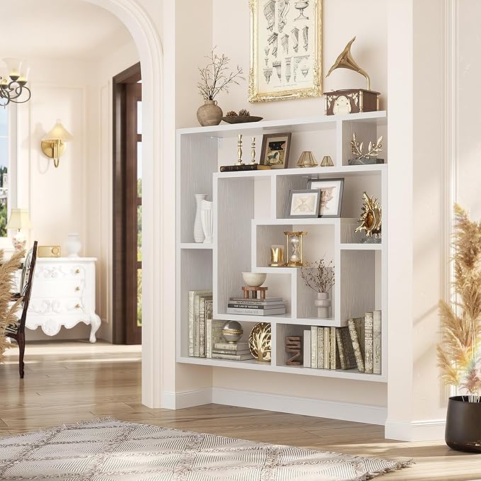 Armocity 6 Tier Display Book Shelf Wall Mounted Bookshelf Freestanding Geometric Bookcase Floating Book Shelves for Wall Bedroom Living Room Home Office, 45.5"(W) * 47"(H), White