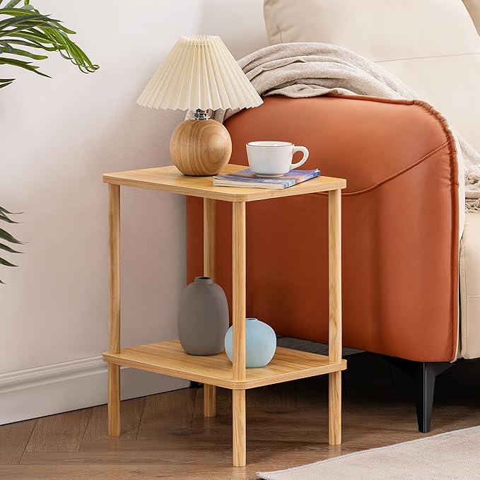 Apicizon 2 Tier End Table, Small Side Table with Solid Wood Legs, Boho Bedside Table with Storage Shelf, Nightstand for Small Spaces, Bedroom, Living Room, Entryway, Farmhouse, Easy Assembly, Natural