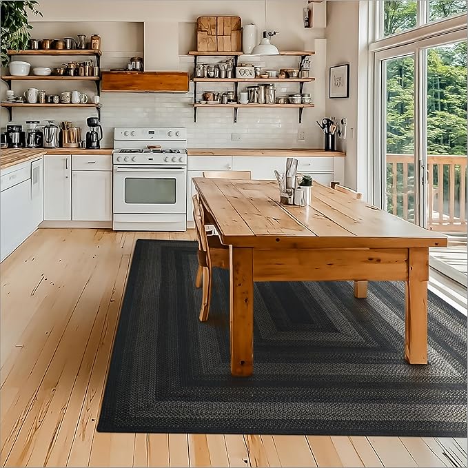 Jet Black Braided Area Rugs 4x6' – Primitive Black and Gray Area Rug for Bedroom and Large Entryway