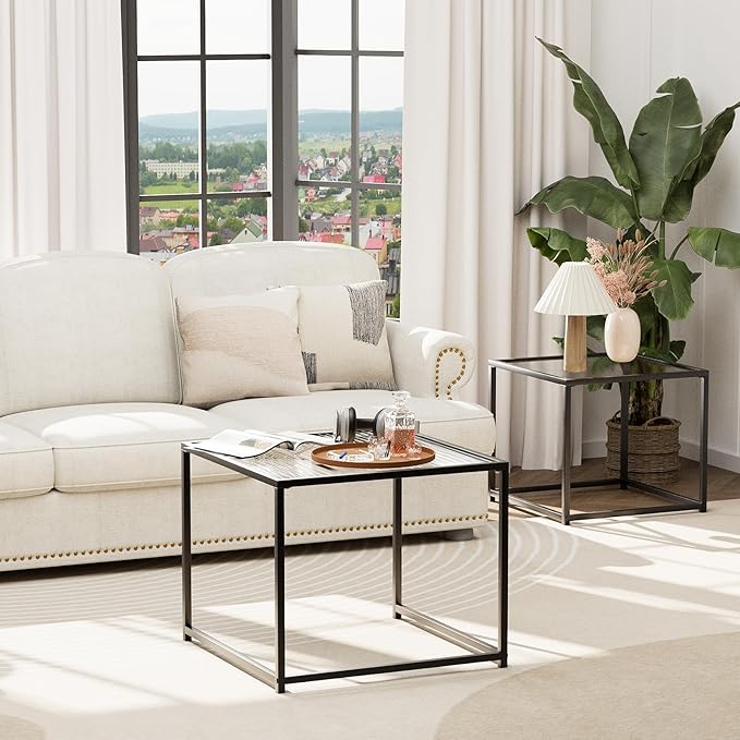 VILAWLENCE Coffee Table Set of 2, Modern Black Glass Side Table, Metal Frame Square End Table, Center Tables, Nesting Coffee Table for Living Room, Bedroom and Small Spaces, 23.6 in