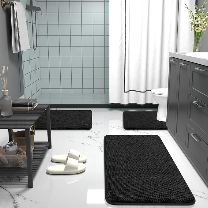 OLANLY Thick Memory Foam Bath Mat Rug 30x20, Extra Soft Absorbent Bathroom Rug, Quick Dry Bath Mats, Non-Slip, Machine Washable Carpet for Bathroom, Tub and Shower, Home Decor Accessories, Black