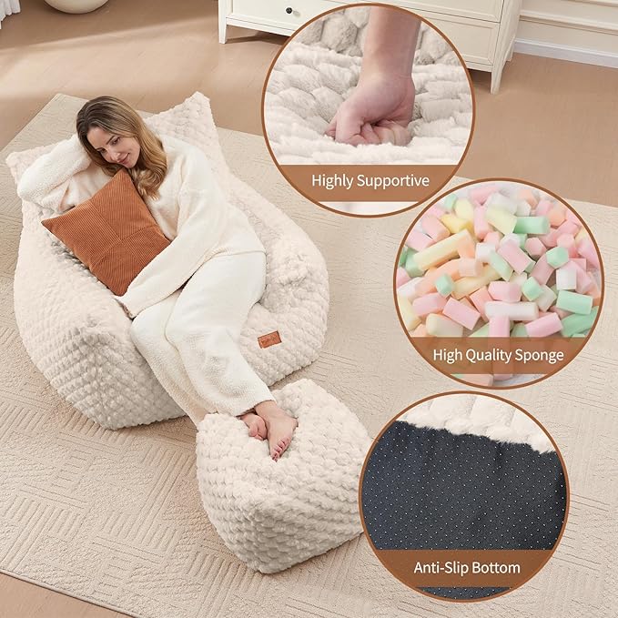 Bean Bag Chair Foot Rest, Modern Comfy Couch Sofa Ottoman for Adult, Faux Fur Foot Stool with Filler, Soft Cozy Footrest for Bedroom, Living Room