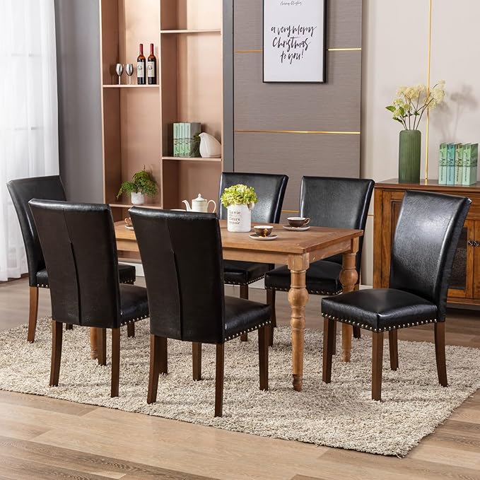COLAMY Upholstered Parsons Dining Chairs Set of 4, PU Leather Dining Room Kitchen Side Chair with Nailhead Trim and Wood Legs - Black