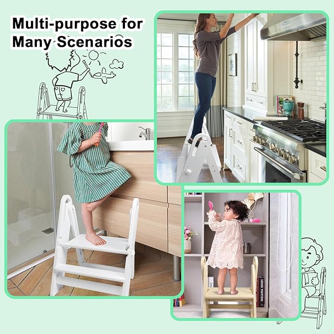 WOOD CITY Step Stool Foldable for Toddlers, Adjustable Kids Step Stool for Bathroom Sink Toilet Potty Training Stool with Handles Child Kitchen Counter Stool Helper Montessori Kitchen Stools