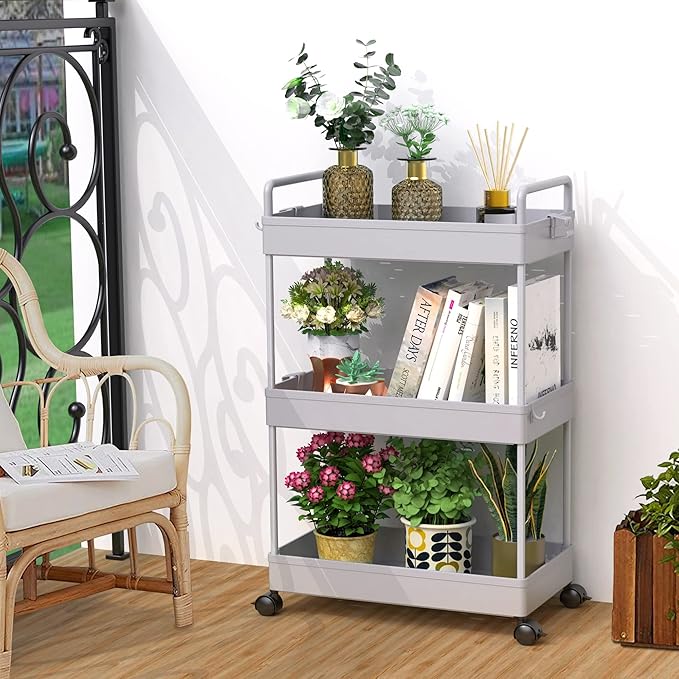 SOLEJAZZ 3 Tier Rolling Storage Cart with Wheels Slim Craft Nail Makeup Snack Art Baby Utility Cart Organizer on 2 Lockable Wheels for Bathroom Laundry Room Kitchen Bedside Narrow Spaces, Gray