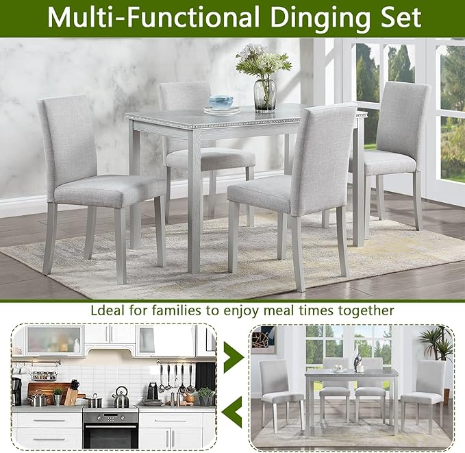 KEIKI 5-Piece Standard Height Dining Table Set with Rectangular Table and 4 Upholstered Chair, for 4 Person, Crystal Decoration Wooden Table Set, Easy Assembly, for Kitchen, Dining Room, Silver Grey
