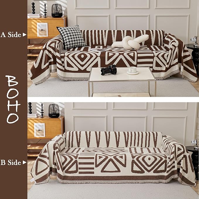 HANDONTIME Chocolate Boho Couch Cover Reversible Sofa Covers for 3 Cushion Washable Couch Sofa Cover for Dogs Dark Couches Covers Chenille Couch Protector Couch Covers for Sofa, 71" X71"