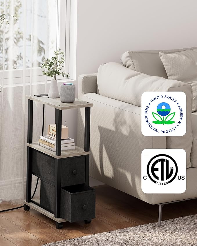 TUTOTAK Small Narrow End Tables, Side Tables with 2 Fabric Drawers, Set of 2, Bedside Tables with Charging Station for Small Spaces, Slim Nightstands with USB Ports and Wheels, TB01BG053