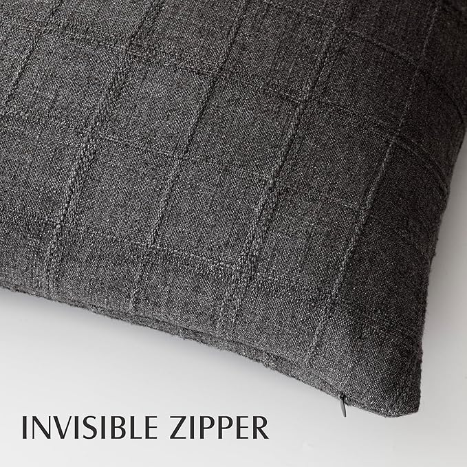 Foindtower Set of 2 Decorative Linen Check Throw Pillow Covers Neutral Farmhouse Vintage Cushion Covers Modern Boho Home Decor for Sofa Chair Couch Bedroom Living Room Outdoor,18×18 Inch,Charcoal