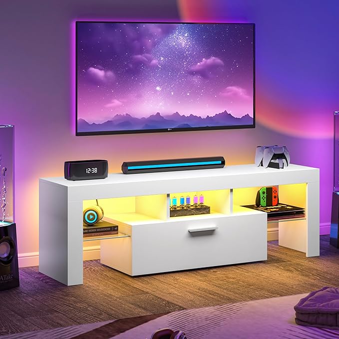 Clikuutory Modern Lighting 51 inch TV Stand with Large Storage Drawer for 32 40 50 55 Inch TVs, TV Console with 20 Color LED Lights, Entertainment Center Media and Open Shelf for Bedroom, White