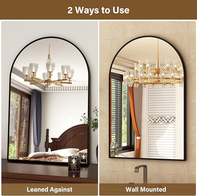 24"x36" Black Arched Bathroom Mirror - Wall Mirror for Bathroom, Metal Frame Vanity Mirror, Dresser Mirror, Arch Decorative Mirrors for Living Room, Bedroom, Entryway, Mantle