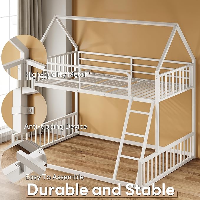 LIKIMIO Bunk Bed Twin Over Full Size, House Bunk Bed Frame with Ladder and Guardrail, House Shaped with Metal Slats Support No Box Spring Needed Space Saving for Bedroom and Dorm, White