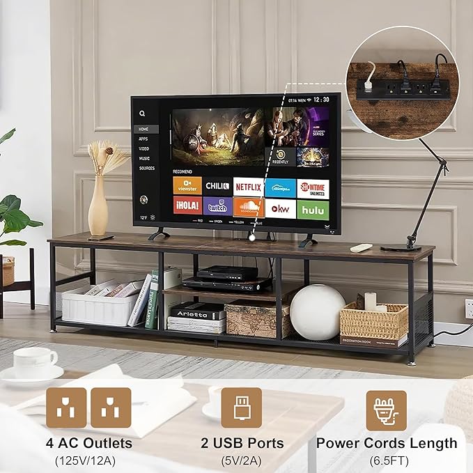 VECELO TV Stand with Power Outlets for Televisions up to 80 Inch,70" Media Entertainment Center with Charging Station 3-Tier Open Storage Shelves with Metal Frame for Living Room/Bedroom，Brown