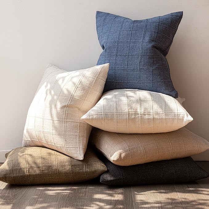 Foindtower Set of 2 Decorative Linen Check Throw Pillow Covers Neutral Farmhouse Vintage Cushion Covers Modern Boho Home Decor for Sofa Chair Couch Bedroom Living Room Outdoor,22×22 Inch,Charcoal