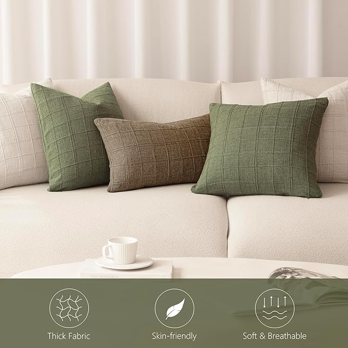 Foindtower Set of 2 Decorative Linen Check Throw Pillow Covers Neutral Farmhouse Vintage Cushion Covers Modern Boho Home Decor for Sofa Chair Couch Bedroom Living Room Outdoor,20×20 Inch,Sage Green