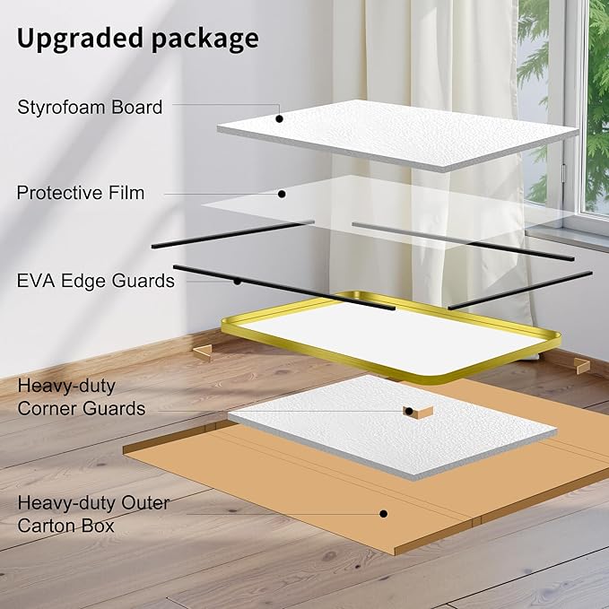 FORBATH 48x36 Inch Bathroom Mirror, Brushed Gold Deep Frame Wall Mirror with Rounded Corners, Anti-Rust Glass for Modern Farmhouse Vanity (Horizontal/Vertical Hanging)