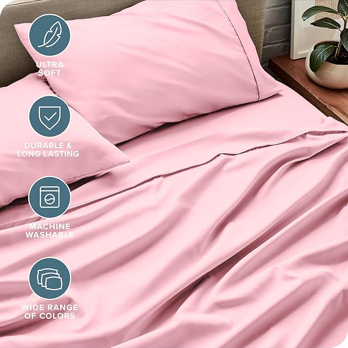 Bare Home Split Head Flex King Sheet Set - 1800 Ultra-Soft Microfiber Bed Sheets - Double Brushed - Deep Pockets - Easy Fit - 4 Piece Set - FlexTop King Bedding (Split Head Flex King, Light Pink)