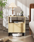 Fluted Night Stand with Charging Station, Wood Nightstand with Large Drawer and Open Storage Cabinet, Mid-Century Modern Bedside Table End Table for Bedroom Closet Office