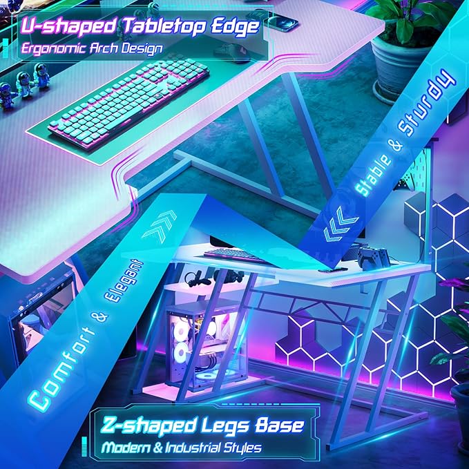 Gaming Computer Desk with Power Outlets, Gaming Desk with Hutch and LED Lights, Reversible PC Gaming Desk with Pegboard, Carbon Fiber Pink, 47"