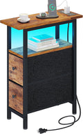 End Table with Charging Station, Narrow Side Table with 2 Fabric Drawers, Skinny Nightstand with LED Light, Slim Bedside Table for Bedroom, Living Room, Small Spaces, Rustic Brown