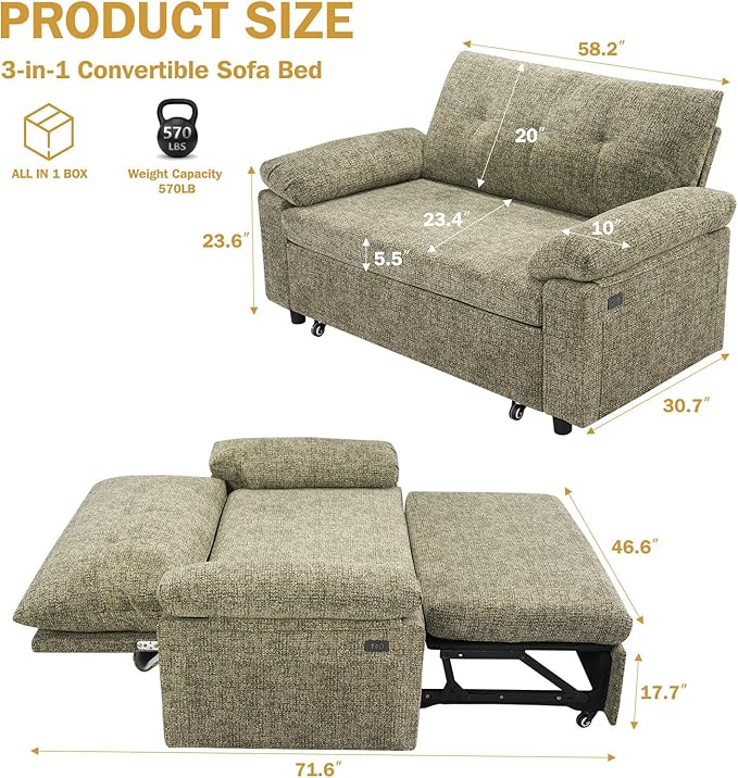 Vipbear 3-in-1 Convertible Sofa Bed, Pull Out Sleeper Sofa with USB Charging Station & Adjustable Backrest, Loveseat with Side Pocket for Living Room, Apartment, Tool-Free Assembly, Chenile Light Grey