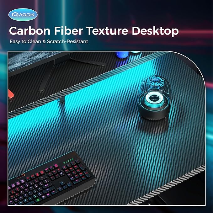 AODK Computer Desk, 48 Inch Gaming Desk with Led Lights & Power Outlet, Office Desk with Storage Shelves, Reversible Desk with Monitor Shelf & Headphone Hook, Carbon Fiber Black