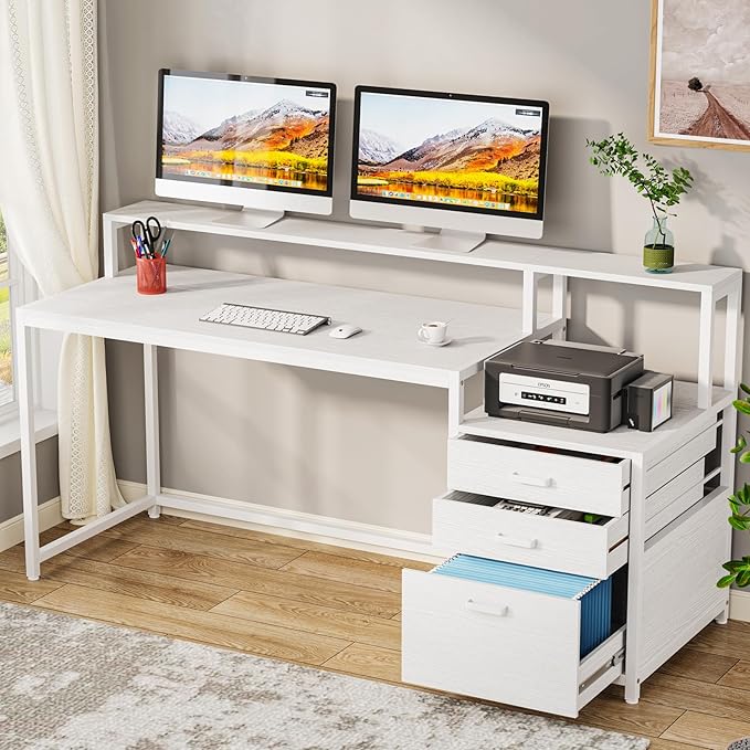 Tribesigns 63 Inch Computer Desk with File Drawer Cabinet, Ergonomic Office Desk with Monitor Stand, Computer Table with Printer Space, Wood PC Table Workstation Desk for Home Office, White